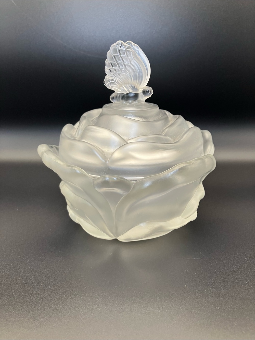 Fenton Frosted Glass Cabbage Rose Trinket Jar with Butterfly Lid